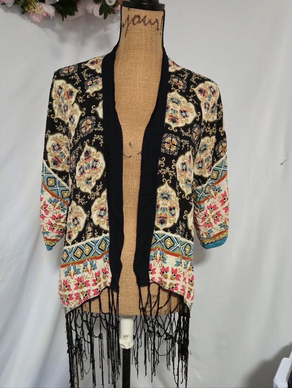 Flying Tomato Black Floral Fringe Open Cardigan